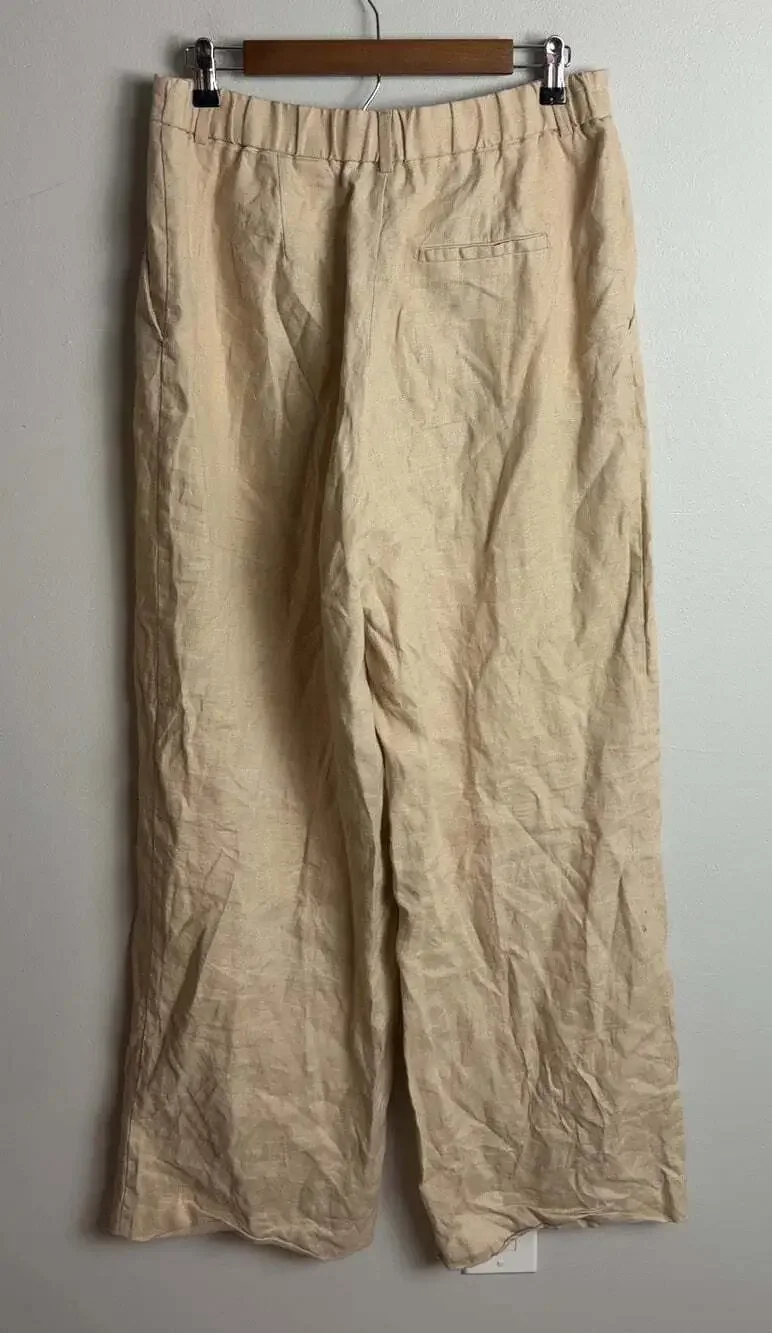 Zara Wide Leg Trousers Beige 100% Linen Size Large 3618/710 Women’s